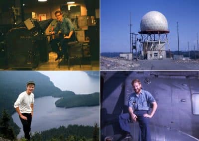 3 photos of radar site @ Naval Air Station, Argentia, Newfoundland. Lower RT photo of Don with Huey on board USS Biddle DLG-34 in Vietnam